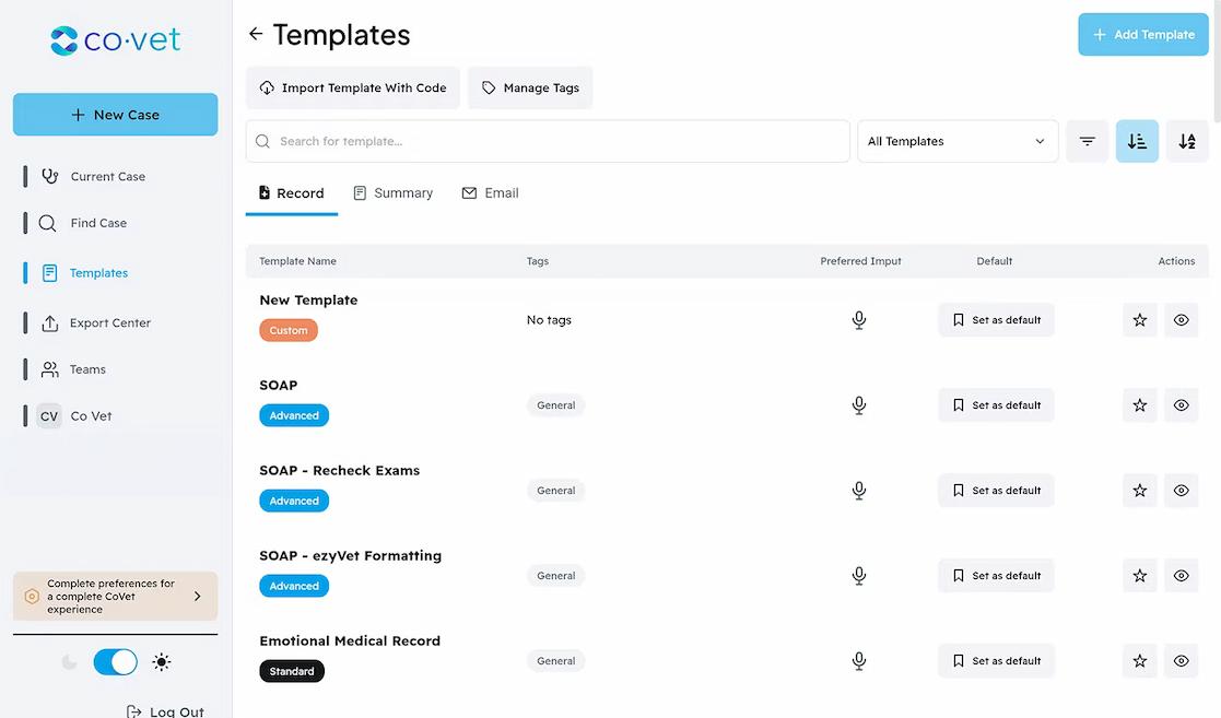 CoVet’s templates interface showing different templates, for example: SOAP, Recheck Exams, and how to create a new template