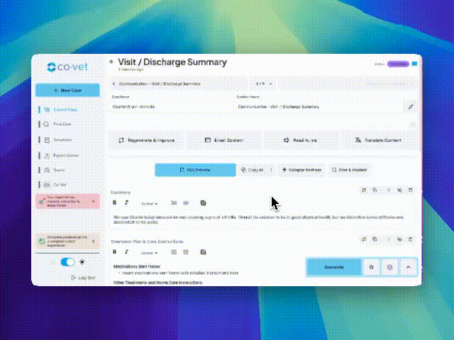 Animated screen recording of the CoVet Visit / Discharge Summary page where a user clicks Preview then scrolls through AI-generated summary text and medication instructions.