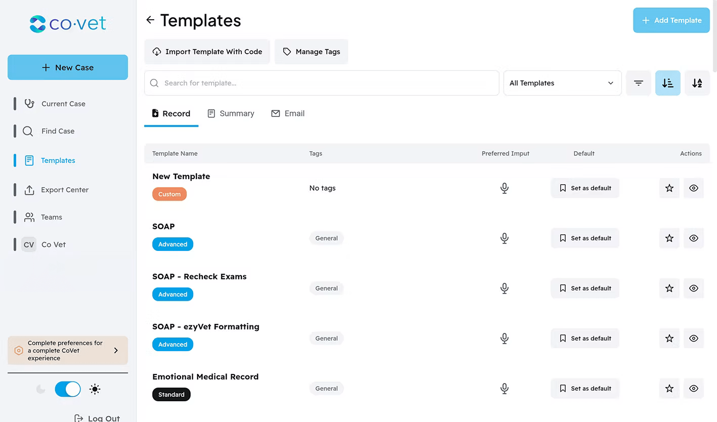 CoVet's interface displaying various SOAP templates you can generate instantly or customize 