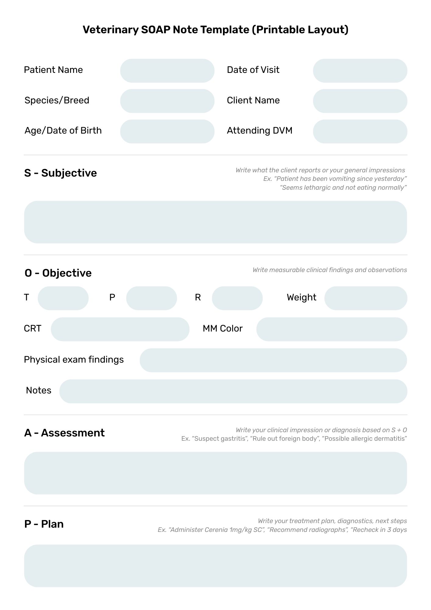 A printable veterinary SOAP note template designed for clinic use. It includes labeled fields for entering patient information and notes for each SOAP section (Subjective, Objective, Assessment, Plan). Each section has short examples and empty lines/boxes for handwritten input.
