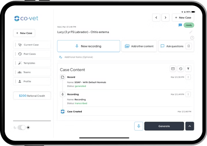 CoVet's interface showing the option to make a new recording for a specific case 