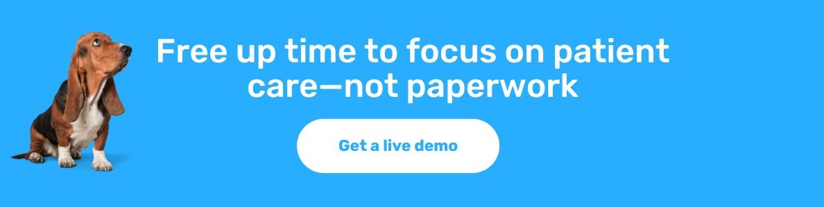 CTA graphic with a dog looking at a piece of text that reads "Free up time to focus on patient care - not paperwork. 