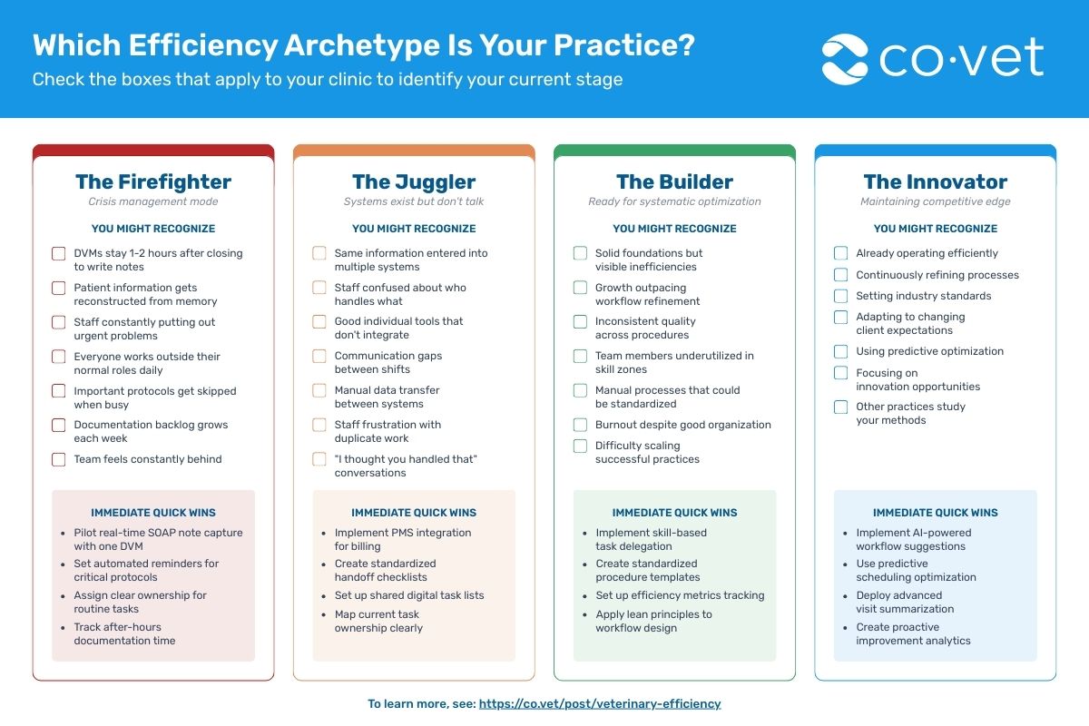 Veterinary efficiency archetypes chart showing four clinic types: the Firefighter, the Juggler, the Builder, and the Innovator, with checklists and quick wins for improving workflow.