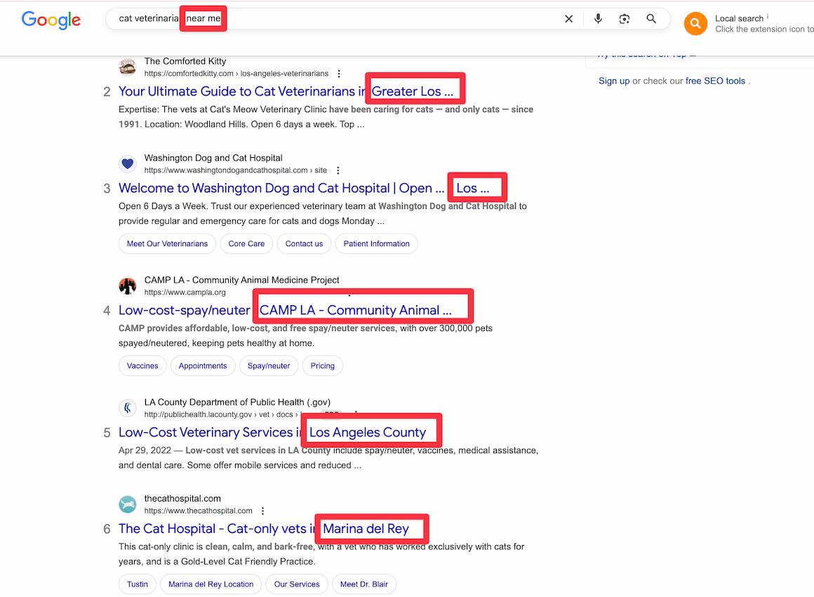 Screenshot of Google search results for “cat veterinarian near me,” highlighting top-ranking listings that include Los Angeles–area clinics and organizations such as The Comforted Kitty, Washington Dog and Cat Hospital, CAMP LA, LA County Department of Public Health, and The Cat Hospital. Red boxes emphasize location-based keywords like “Greater Los Angeles,” “Los Angeles County,” and “Marina del Rey,” showing how local SEO optimization helps veterinary clinics appear in local searches.