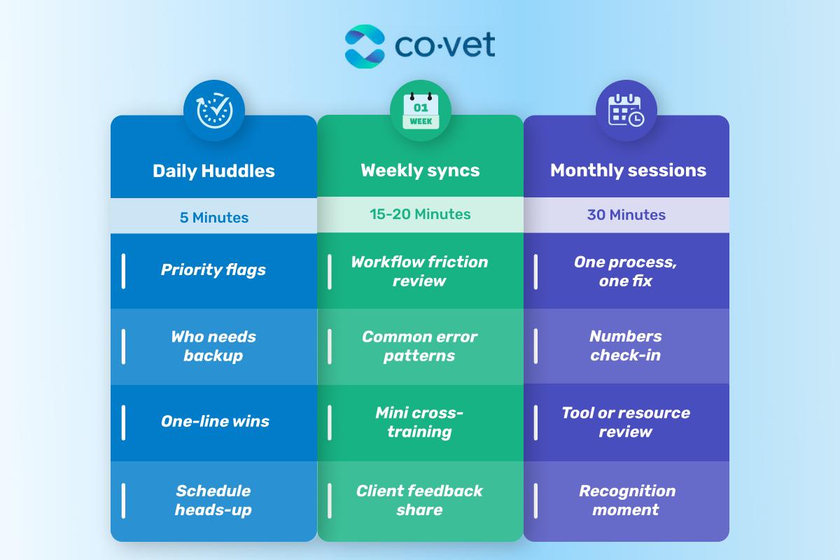 Framework showing daily, weekly, and monthly team meetings with their duration and purpose.