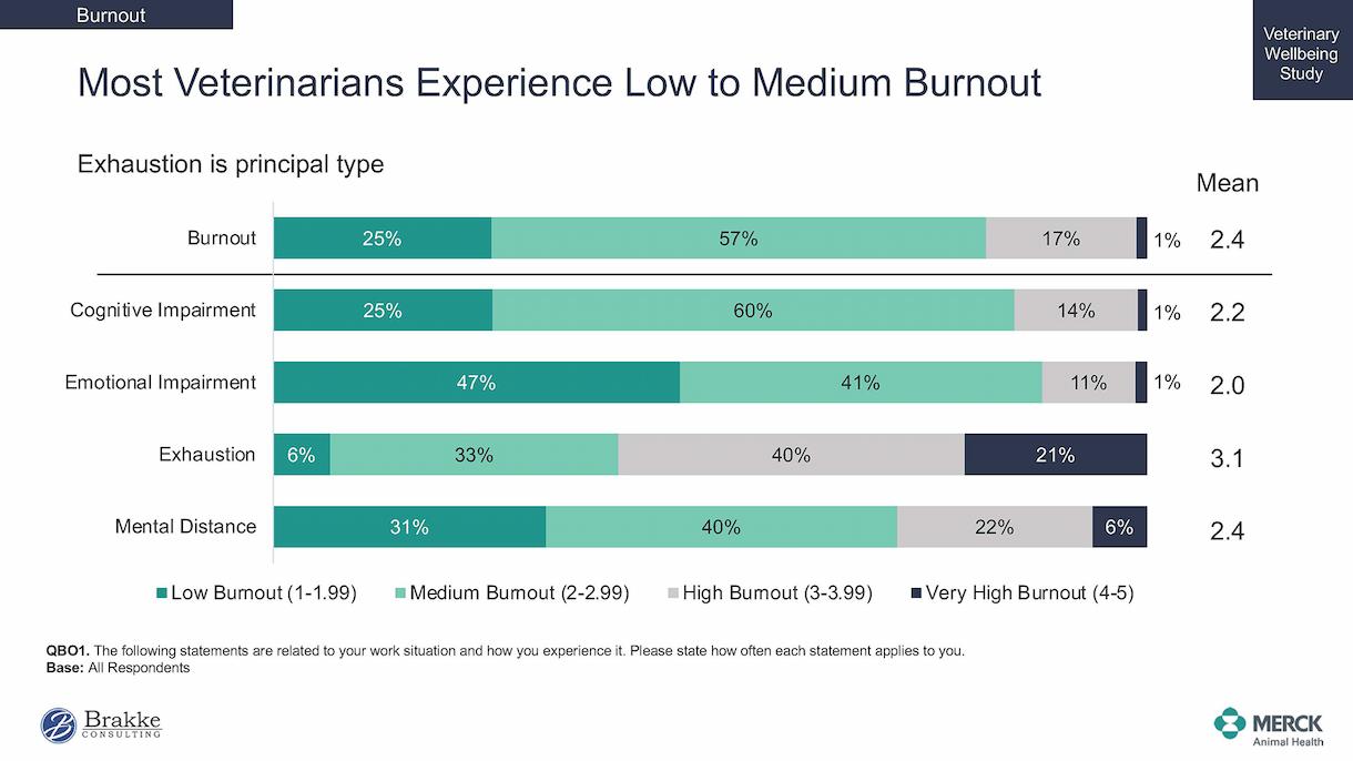 Graph showing veterinarians' burnout levels. Most experience low to medium burnout; exhaustion is principal, with mean values from 2.0 to 3.1.