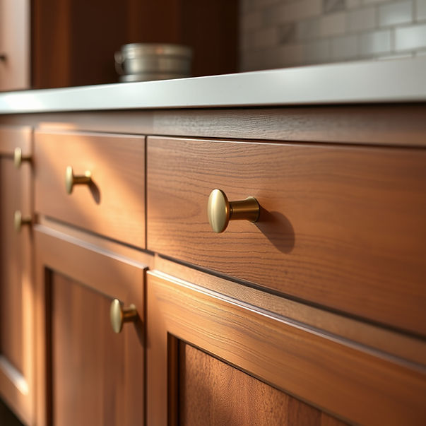 Close-up detail of custom kitchen cabinetry, warm wood grain drawer fronts, brushed brass 