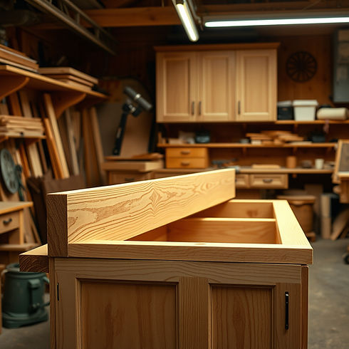 Custom cabinetry workshop with detailed woodwork in progress, warm workshop lighting, wood