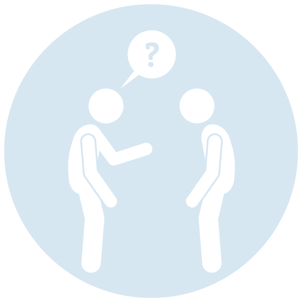 Two white stick figures face each other in a light blue circle, one gesturing beneath a question-mark speech bubble.
