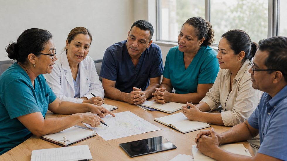 Profesionales de la salud colaboran alrededor de una mesa mientras analizan ideas y participan en una decisión de equipo.