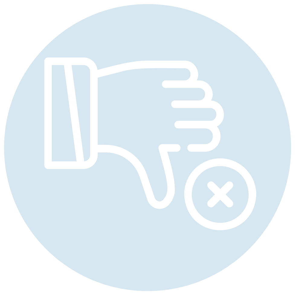 White thumbs-down icon with an X in a circle on a pale blue background.