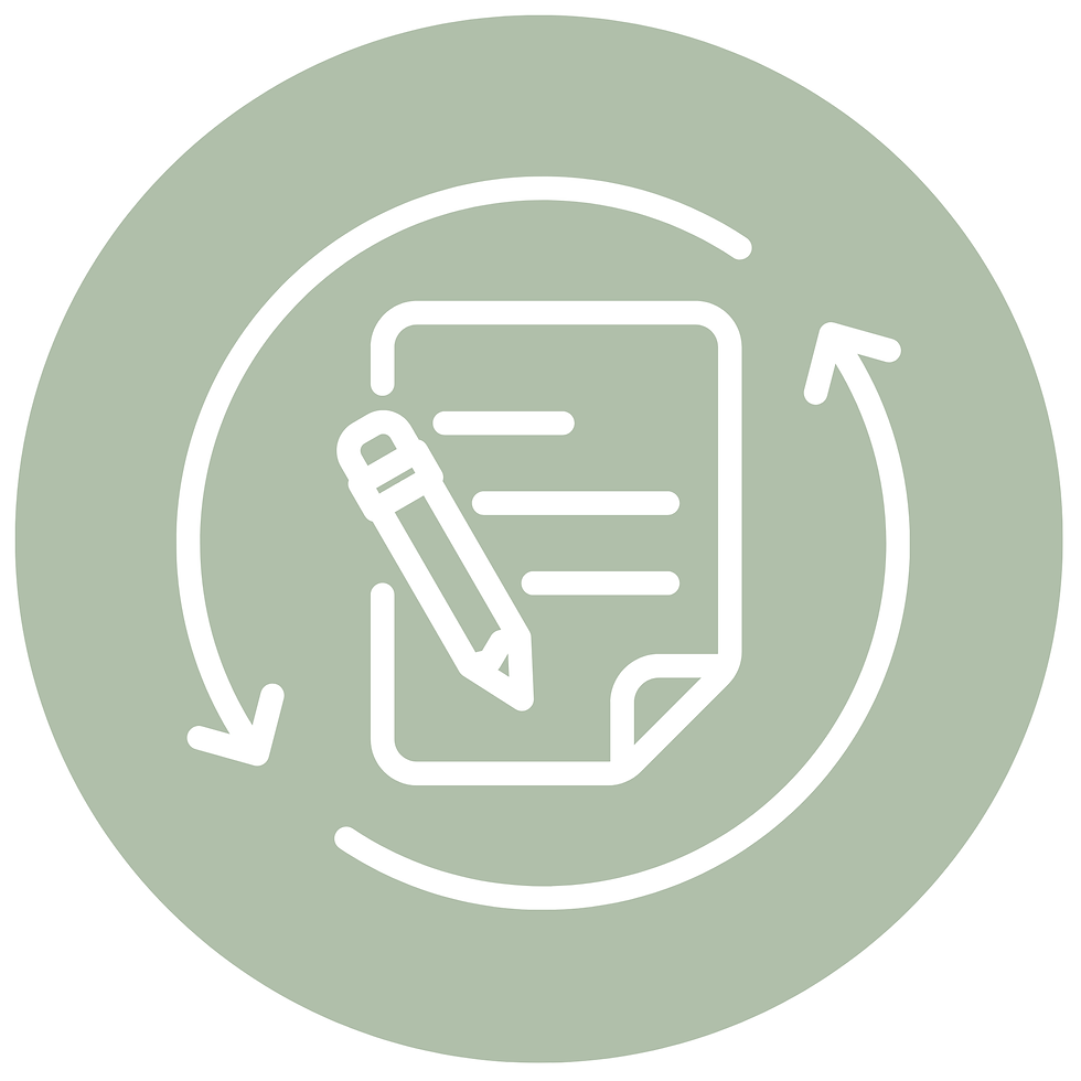 Green circular icon showing a document with a pencil and looping arrows, suggesting edit or refresh.