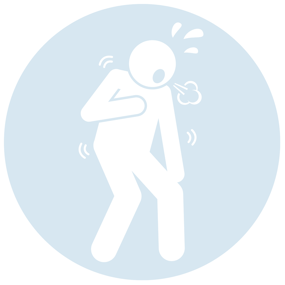 White stick figure coughing or sneezing inside a light blue circle, with motion lines suggesting illness or discomfort