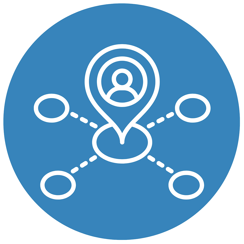 Blue circular icon of a user profile inside a location pin linked by dotted lines to four empty circles.