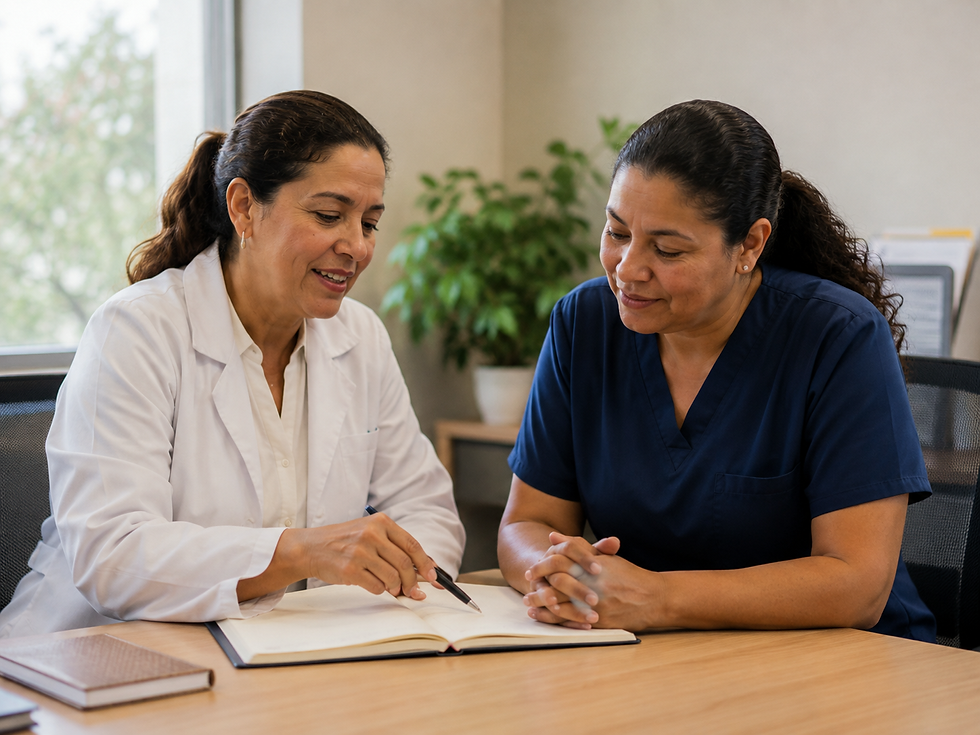 Líder de salud conversa con una profesional sobre oportunidades de aprendizaje y desarrollo durante una reunión individual.