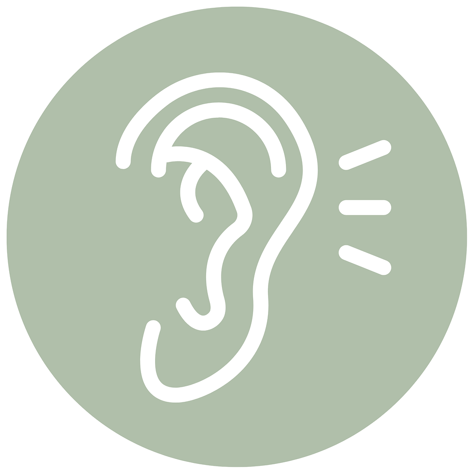White ear listening icon with sound lines on a pale green circle background.
