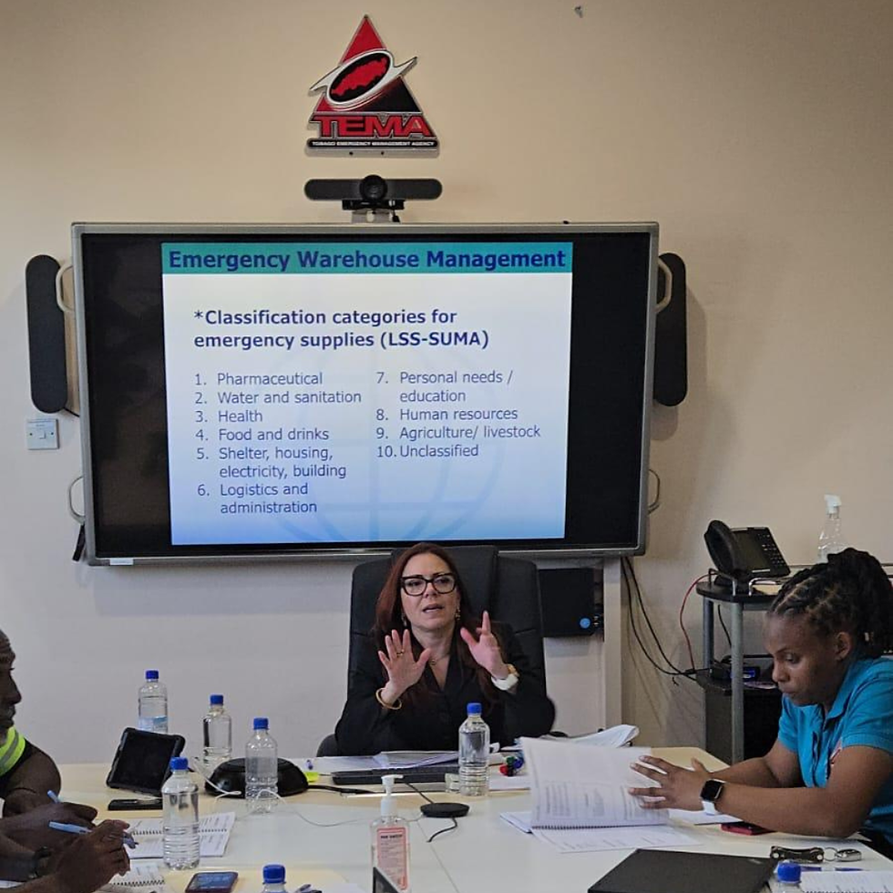 Facilitadora liderando un entrenamiento en manejo de almacenes de emergencia, explicando categorías de suministros a un equipo multidisciplinario en Tobago.