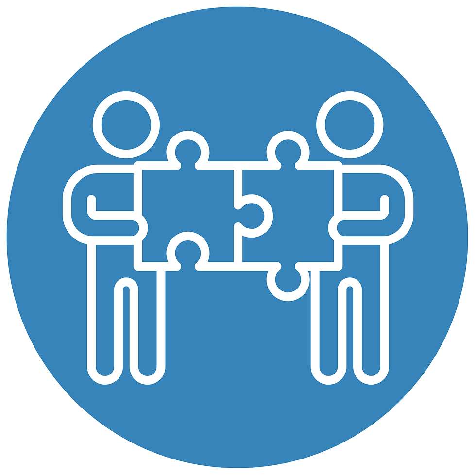 Blue circular icon showing two people fitting puzzle pieces together, symbolizing teamwork and collaboration.