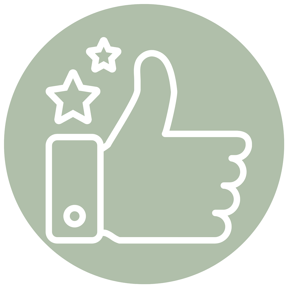 White thumbs-up icon with two stars on a pale green circle background, suggesting approval or positive rating