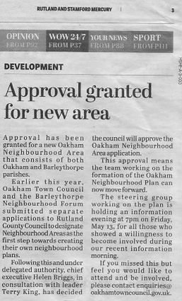 Approval granted by RCC for the new Oakham Neighbourhood Area. April 2016