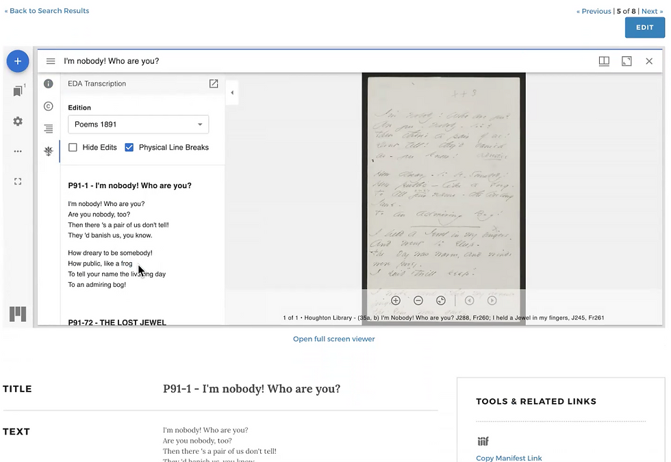 Digital interface displaying a poem titled "I'm nobody! Who are you?" with handwritten text on one side, set in a library archive viewer.