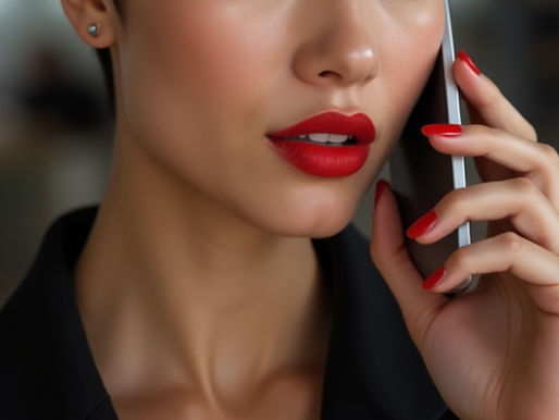A woman with a red lipstick talking on a smart phone