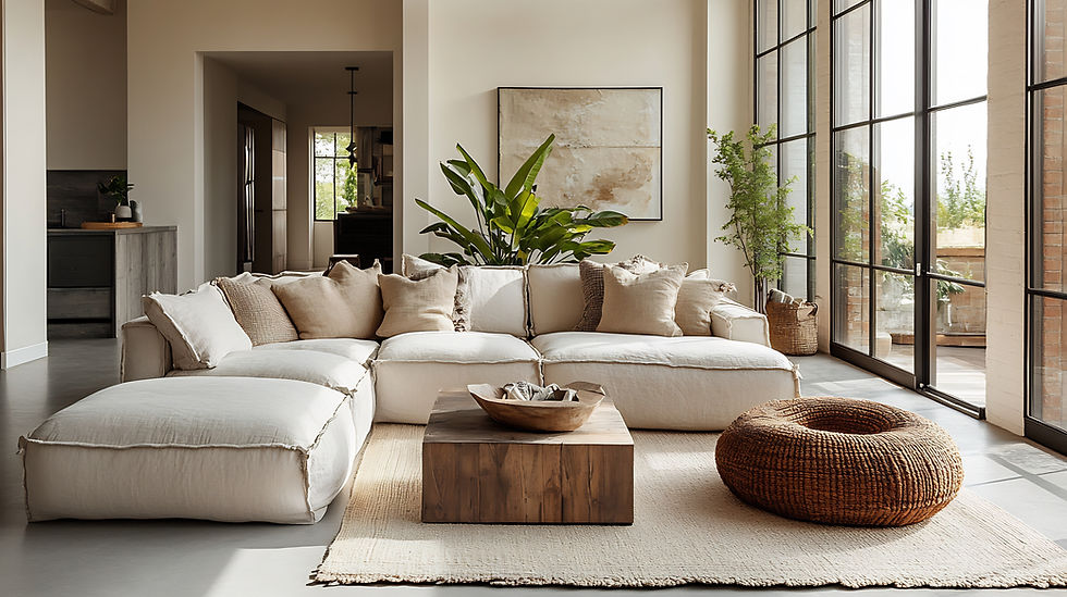 Modern living room with a large cream sectional sofa, neutral throw pillows, a wooden coffee table, woven pouf, and greenery, set beside tall black-framed windows letting in natural light.