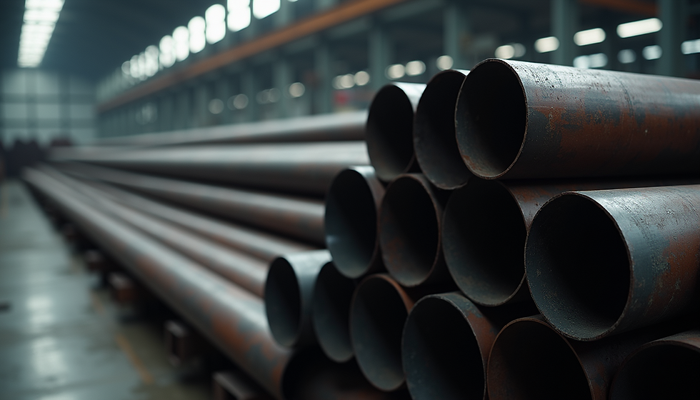 Stacked steel pipes inside an industrial warehouse, with long rows of cylindrical metal pipes extending into the background under overhead lighting.