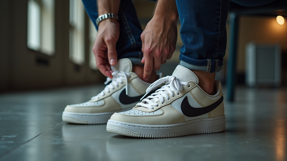 High angle view of a sneaker being inspected for quality
