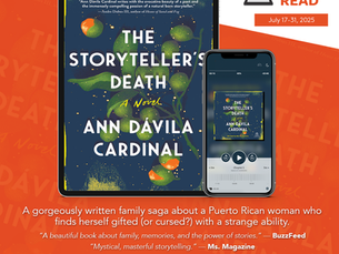 Tablet and mobile phone with A story teller's death by Ann Davila Cardinal on the screens. . A gorgeously written family saga about a Puerto Rican woman who finds herself gifted (or cursed?) with a strange ability. "A beautiful book about family memories and the power of stores." - Buzzfeed. "Mystical, masterful storytelling" - Ms. Magazine. Libby - the library reading app.
