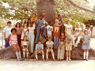 A group of kids sitting at the roots of a big tree.