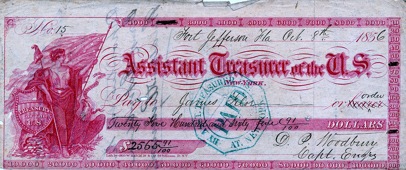 Antique U.S. Treasury check from 1856 with red and pink designs. Apollonian figure, large text "Assistant Treasurer of the U.S." visible.