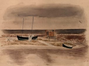 A sailboat and dinghy on an island with a small building