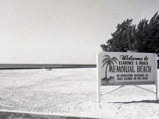 A beach with a sign that reads Welcome to Clarence S. Higgs Memorial Beach. No intoxicating beverages or dogs allowed on this beach.