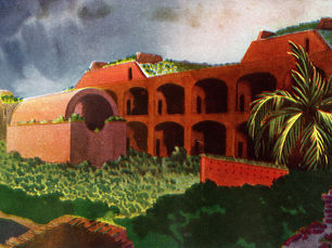 A watercolor painting of a fort with vegetation inside and on top of it