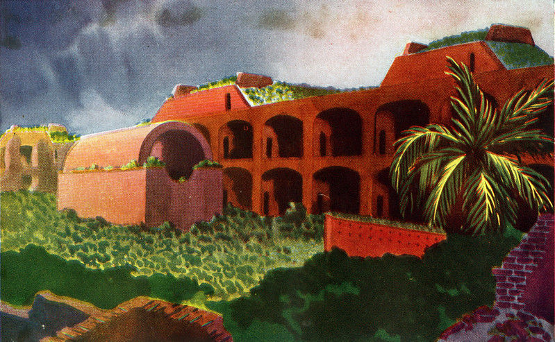 A watercolor painting of a fort with vegetation inside and on top of it.