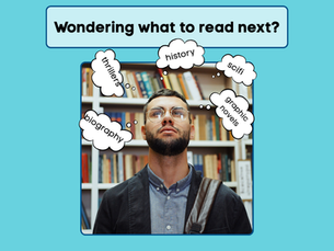 a man in front of bookshelves with thought bubbles containing different genres