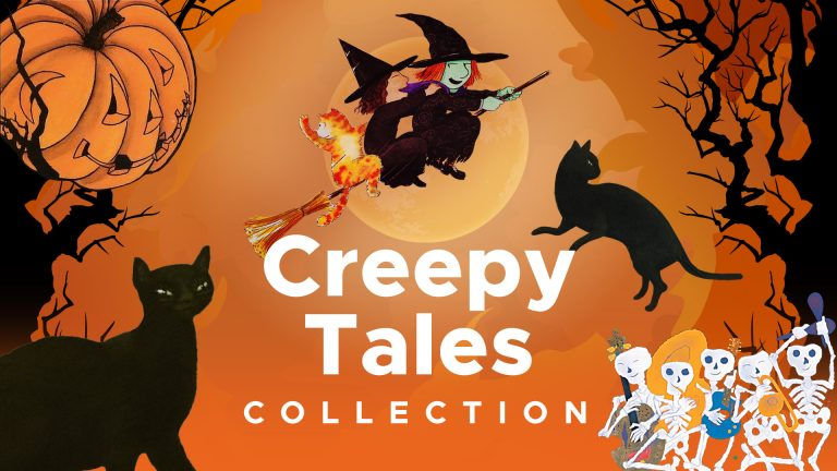 Creepy Tales Collection. Graphics of two witches riding a broomstick and silhouettes of cats and skeletons.