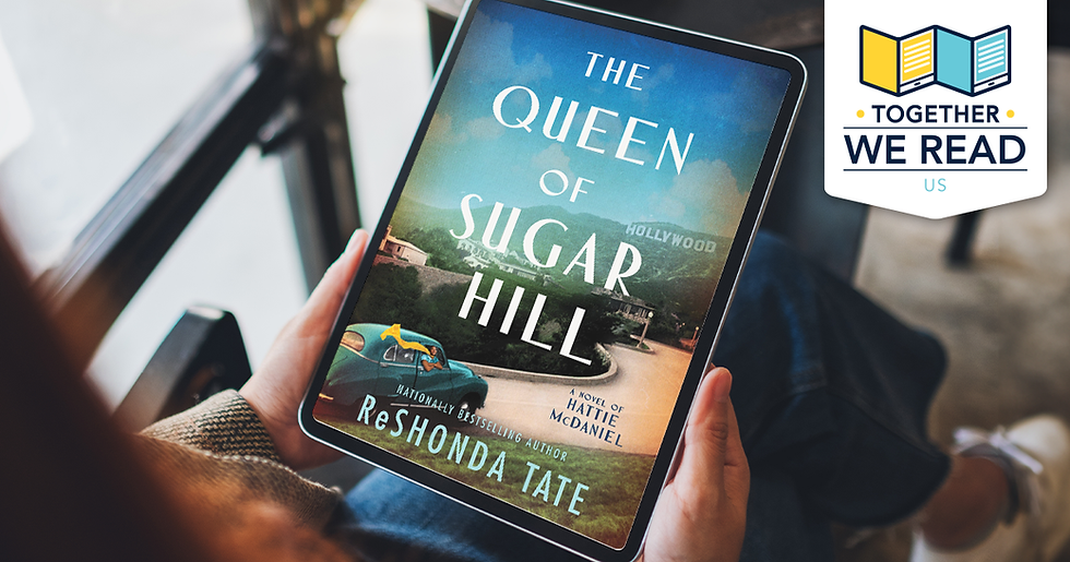 A person holding a tablet with cover of The Queen of Sugar Hill on display. Logo for Together We Read US.