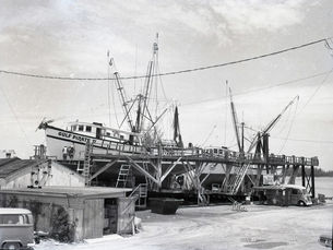 A shrimp boat with Gulf Pirate written on the bow at a dock.