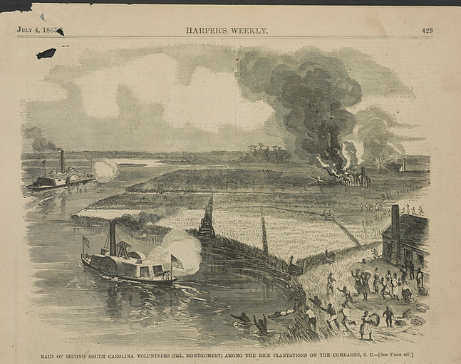 Historical illustration of steamboats on a river firing at burning plantations with smoke. Soldiers advance on land. Titled "Harper's Weekly," July 4, 1863.