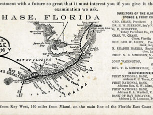 An advertisement for the Chase sponge farm showing the company's location on a map of the Keys and a list of the board of directors.