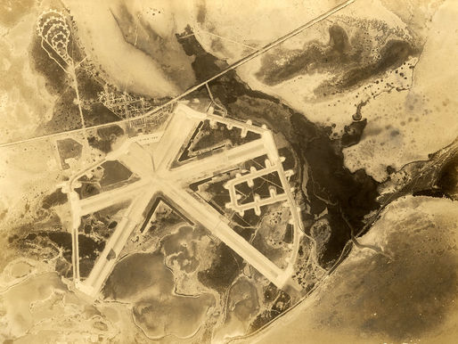 Aerial view of an island with multiple runways
