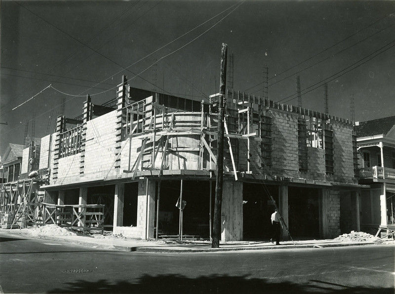 a concrete block building under construction.