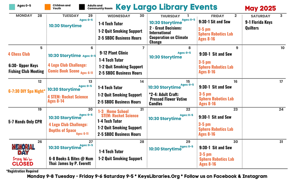 Key Largo Library Branch Monthly Calendar