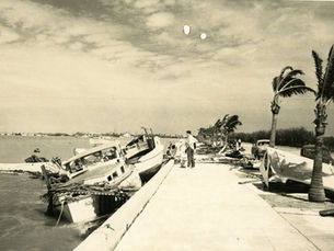 people on a seawall with wrecked boats alongside