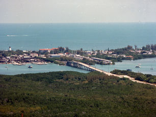 Aerial view of a bridge connecting two islands