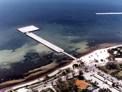 Aerial view of a shoreline with an L-shaped pier