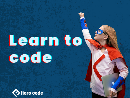 Learn to code. Fiero code. Image of a kid wearing a superhero uniform with a fist in the air.
