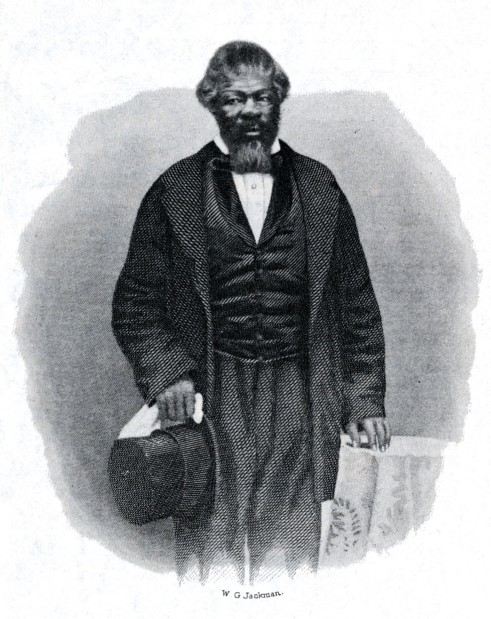 engraving of a man wearing a suit and holding a top hat.